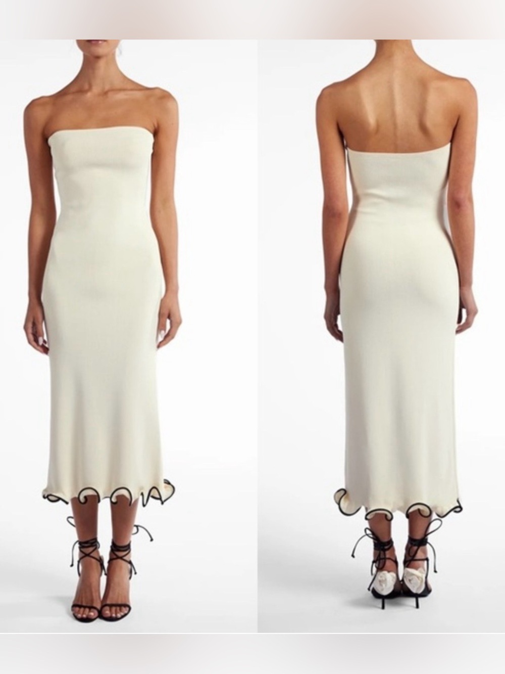 SAME Los Angeles Strapless Cream Midi Strapless Knit Dress with Ruffle Hem